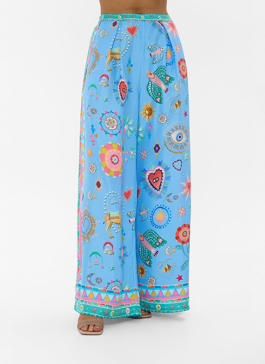 Camilla silk trousers with 'A painted village' print