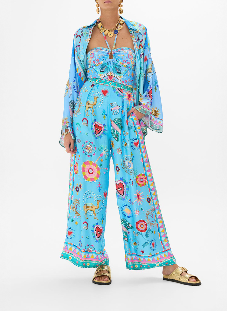 Camilla silk trousers with 'A painted village' print