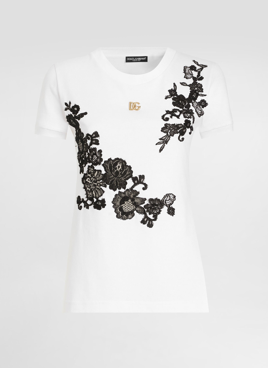 Тишърт с `DG` лого и флорална дантела Dolce&Gabbana