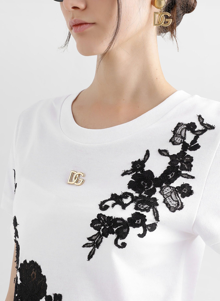 Тишърт с `DG` лого и флорална дантела Dolce&Gabbana