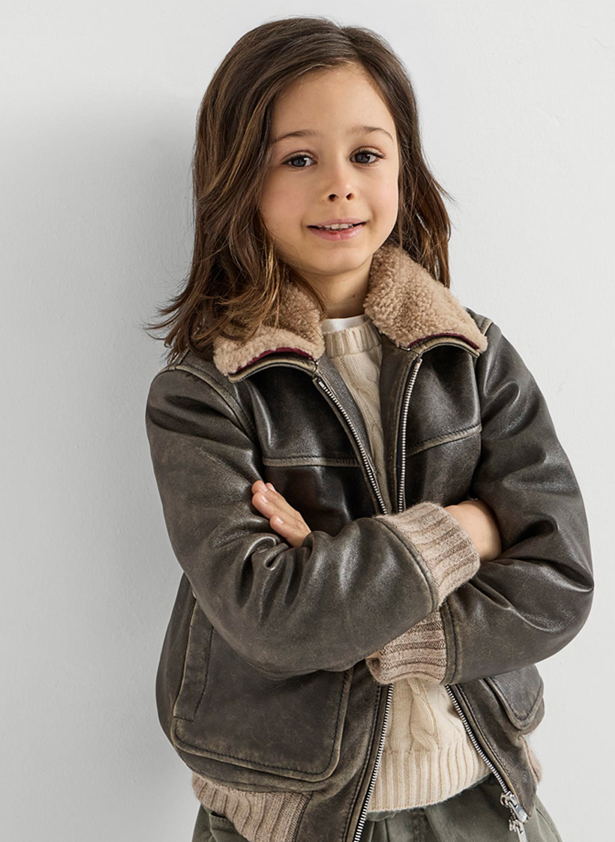 Brunello Cucinelli Kids 8-10 leather jacket with shearling collar