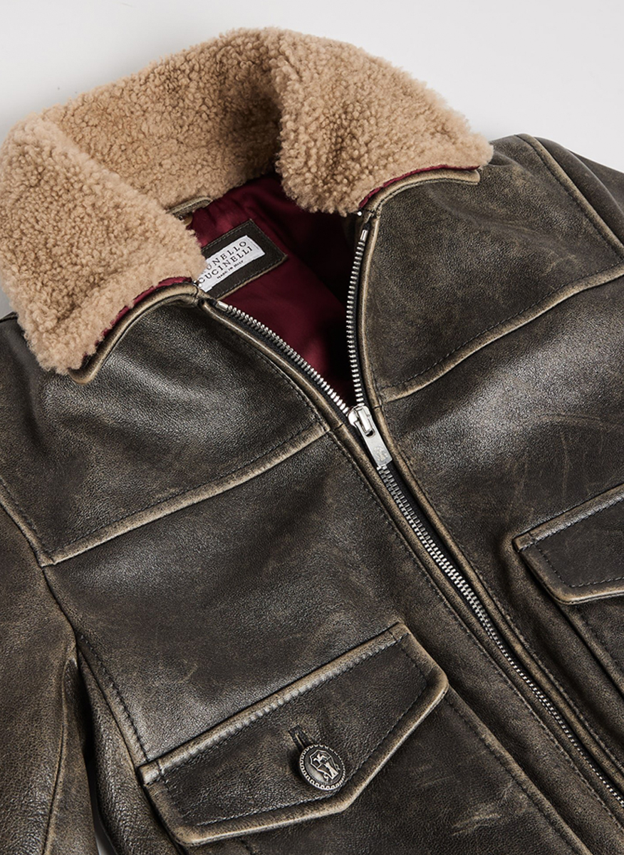 Brunello Cucinelli Kids 8-10 leather jacket with shearling collar