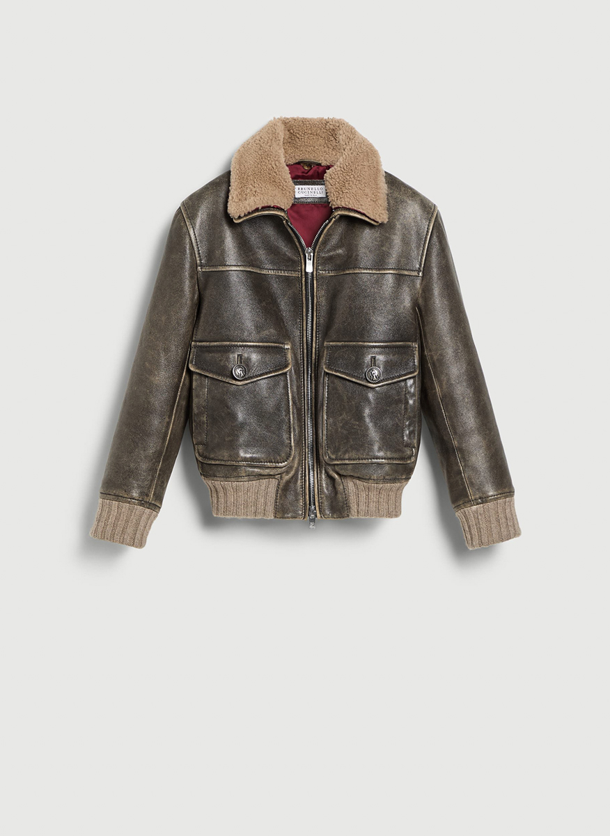 Brunello Cucinelli Kids 8-10 leather jacket with shearling collar
