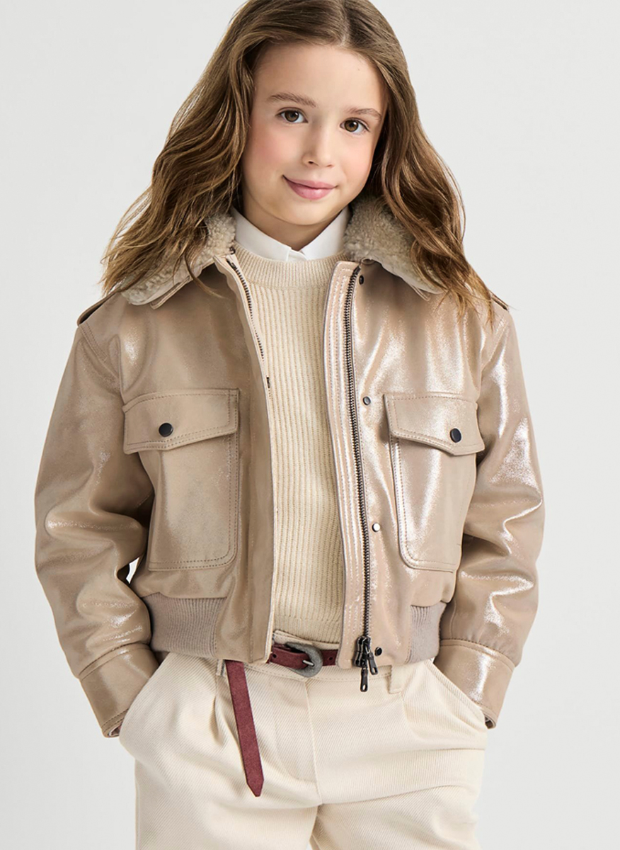 Brunello Cucinelli Kids 8-10 leather jacket with shearling collar