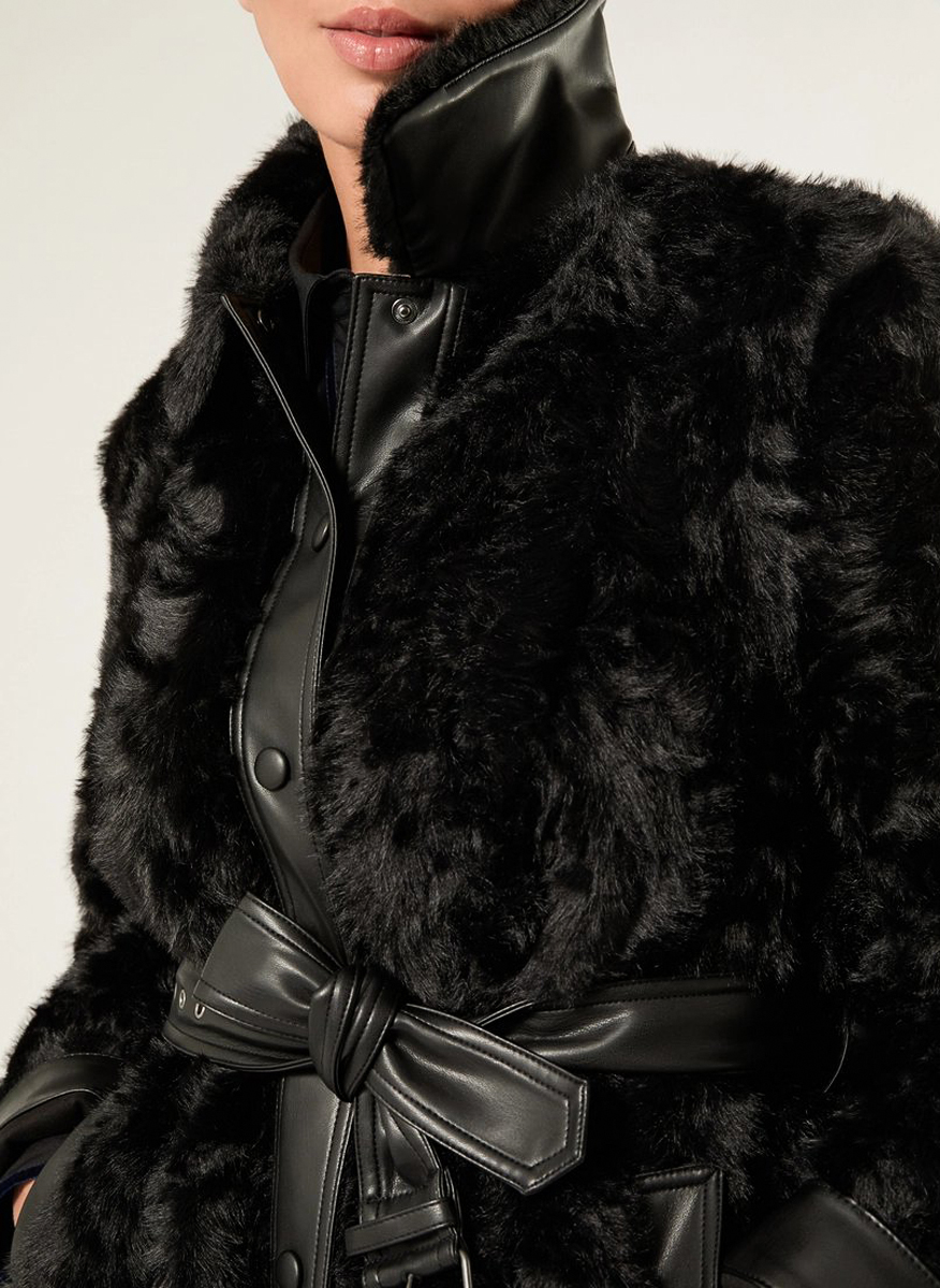 Marina Rinaldi Mrnquadro fluffy coat with leather trims